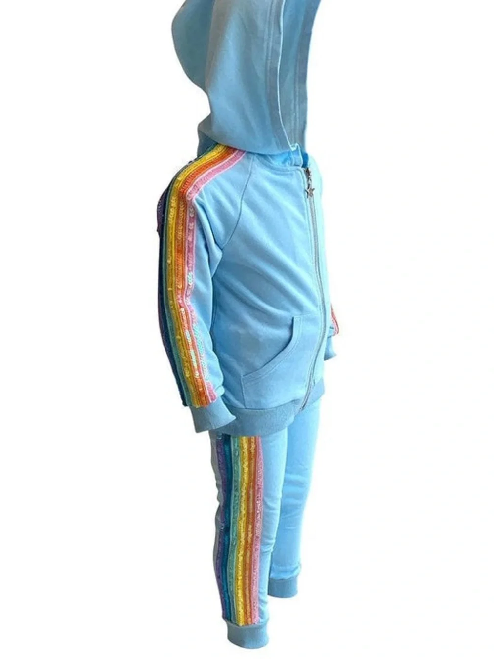 Lola And the boys sequin Light Blue Kids Rainbow Stripe Hoodie & Jogger Set, 6